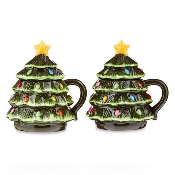 Mr Christmas 2 Lidded Tree Mugs 16 Oz Ceramic Hand Painted 90th Anniversary - Picture 2 of 9